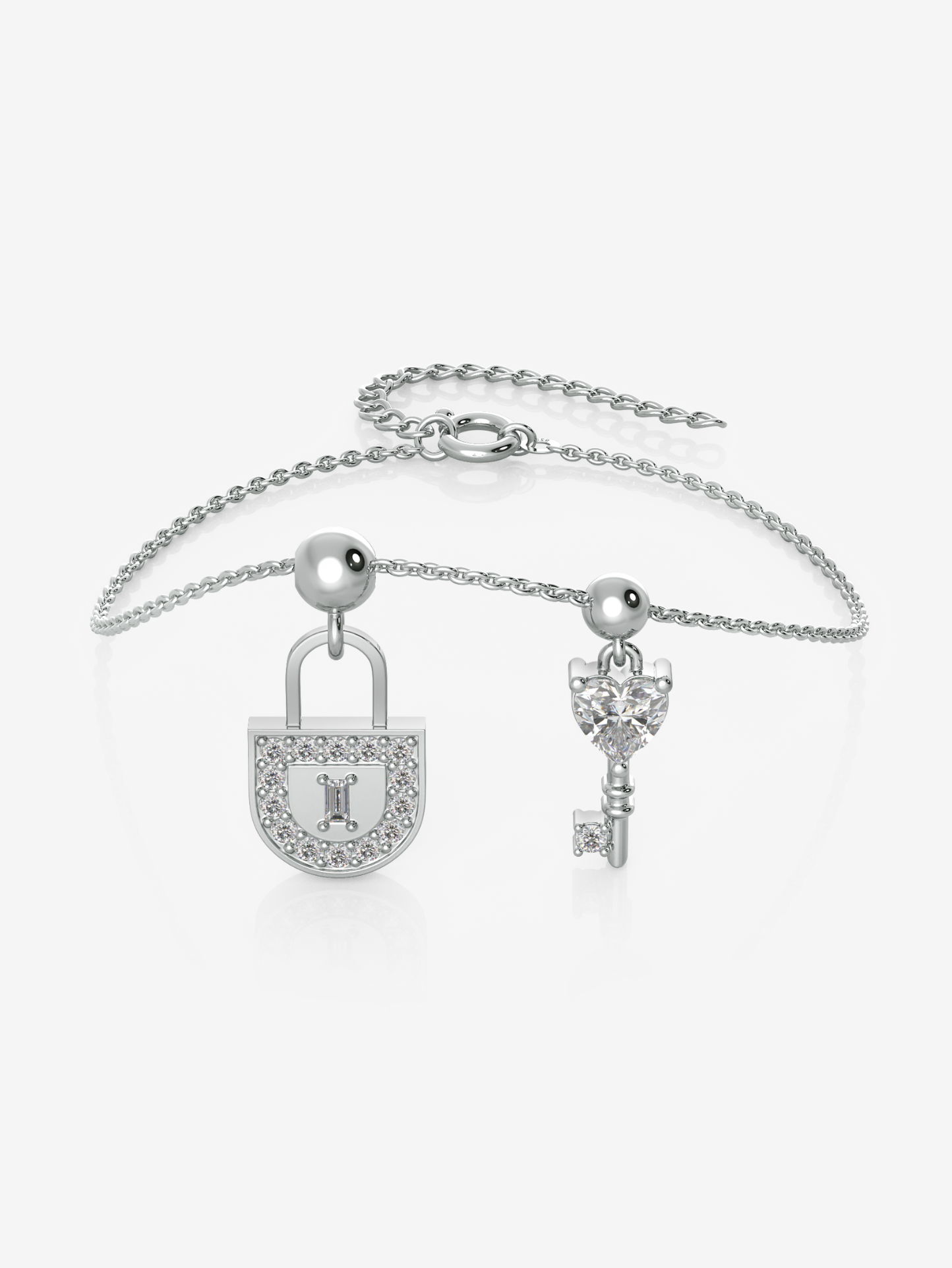 Silver Lock Key Charm Bracelet, Rhodium Plated - Main Image