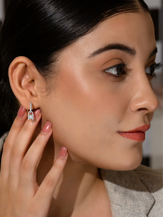 Silver Lock Hoop Earrings, Rhodium Plated