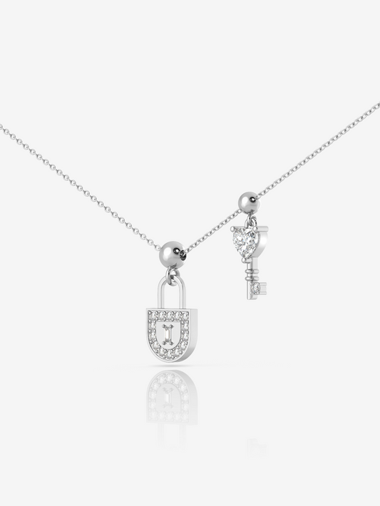 Silver Lock & Key Charm Necklace, Rhodium Plated