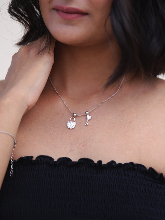 Silver Lock & Key Charm Necklace, Rhodium Plated