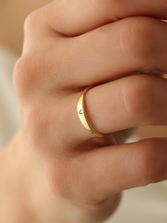 Sterling Silver Signet Initial Ring, Adjustable and 18K Gold Plated