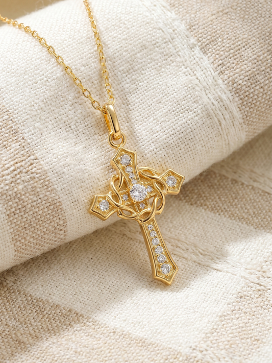Crowned Thorns Cross Necklace, 18K Gold Plated 1 Micron Thickness