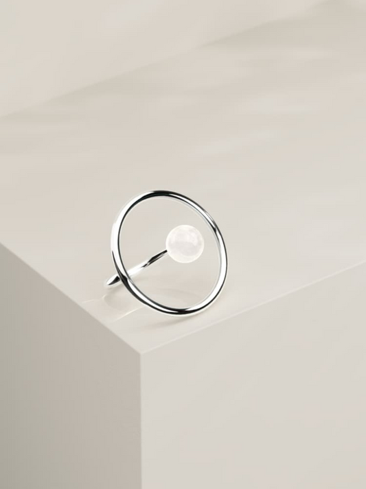 Sterling Silver Orbit Ring with Pearl, Adjustable and Rhodium Plated
