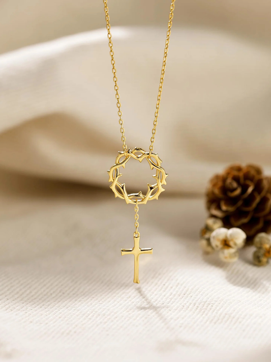 Sterling Silver Crown Of Grace Cross Necklace, Gold Vermeil 2.5 Microns Thickness