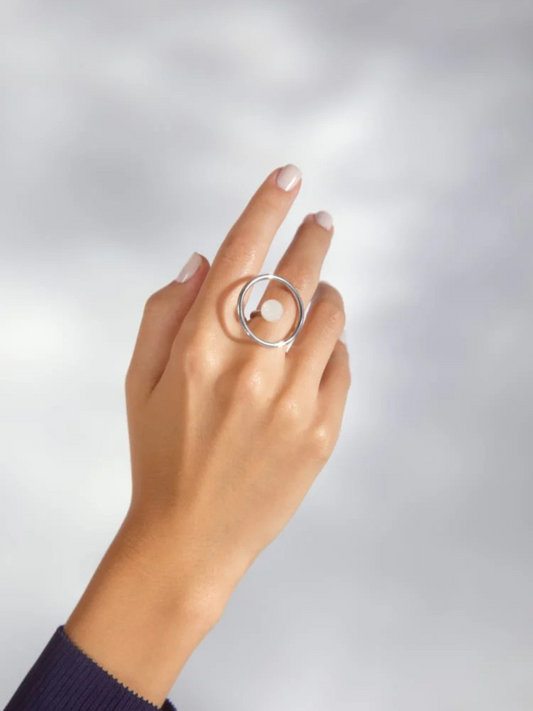 Sterling Silver Orbit Ring with Pearl, Adjustable and Rhodium Plated
