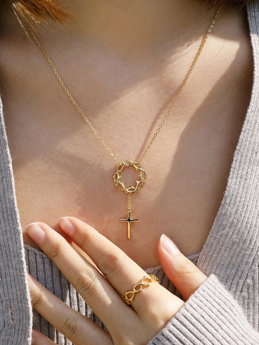 Sterling Silver Crown Of Grace Cross Necklace, Gold Vermeil 2.5 Microns Thickness