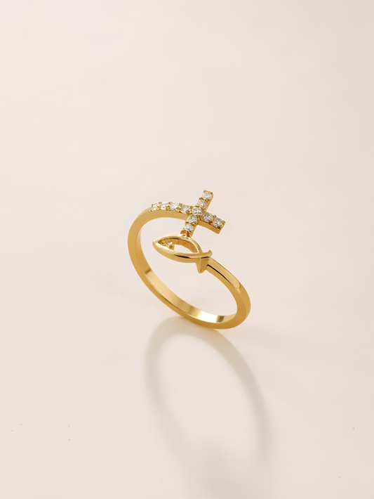 Sterling Silver Divine Embrace Cross Ring, Adjustable and Gold Vermeil 1 Micron Thickness