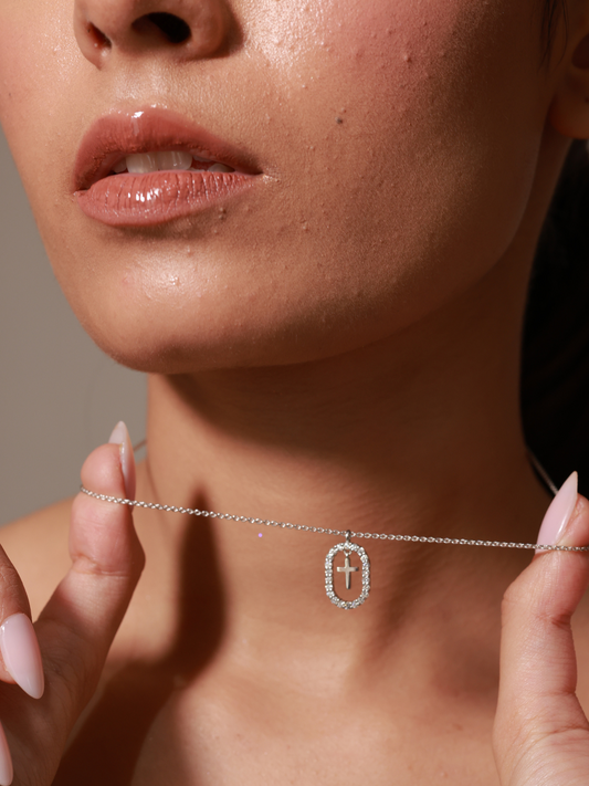 Sterling Silver Oval Of Grace Cross Necklace, Rhodium Plated