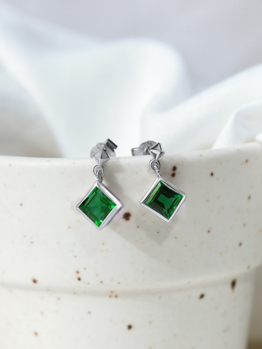 Silver Emerald Green Drop Earrings and Rhodium Plated - Verozi